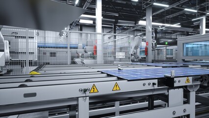 Industrialized solar panel factory with robotic arms placing photovoltaic modules on assembly lines, 3D illustration. Manufacturing facility producing solar cells for energy industry