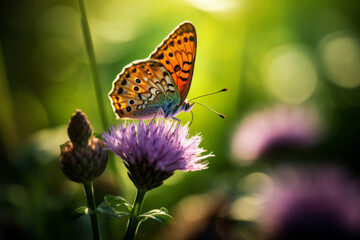 Obraz premium Macro shot of a butterfly on a flower, blurred greenery.