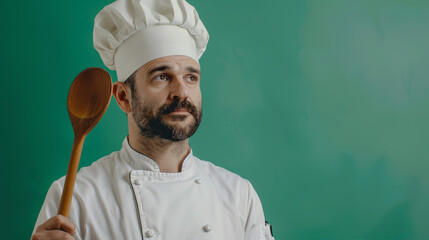Naklejka premium Portrait of a Chef with a wooden spoon on Green Studio Background.