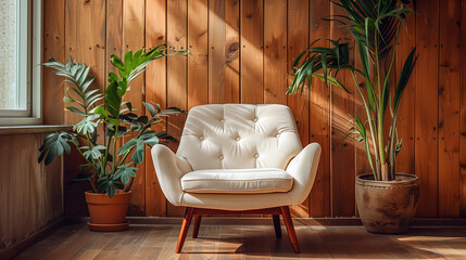 Lounge chair near wood paneling wall between potted houseplants. Home interior design of modern living room.