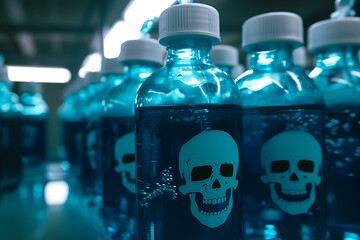 Plastic poison bottles containing a blue liquid, with a skull symbol illustration for toxic products. - obrazy, fototapety, plakaty
