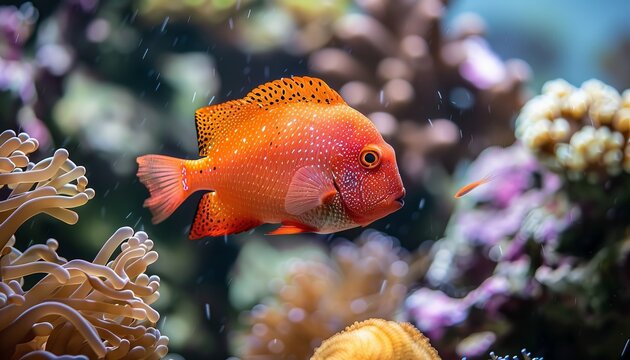 Vibrant flame angelfish swimming among colorful corals in a captivating saltwater aquarium scene.