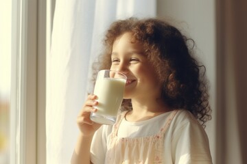 Drinking milk. Children drink fresh Kefir Farm Eco yogurt from a glass in the morning with pleasure. Cute teenage boy enjoying the taste of natural dairy products