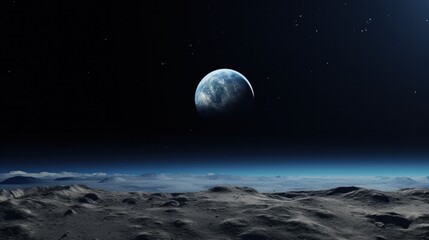 Space photography depicts the Earth rising above the moon.
