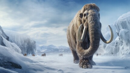 Furry mammoth migrate through icy landscape. Postproducted