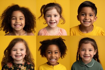 Group of cheerful and happy Indian children on yellow background.