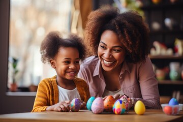 Fototapeta premium Happy African Family Day A mother is teaching a cheerful little child to decorate Easter eggs while sitting in the room.