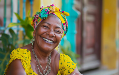 portrait of beautiful aged old Cuban woman with kind eyes cheerful smiling at camera. Female dressed bright yellow dress and sitting on colorful narrow Caribbean little town street.