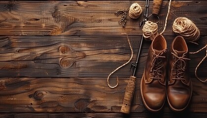 Fishing equipment and gear displayed on wooden background with copy space for text placement