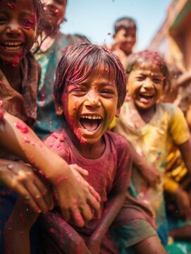 Happy people celebrating holi. the child laughs and throws paint and multi-colored powder. holy holiday in india
