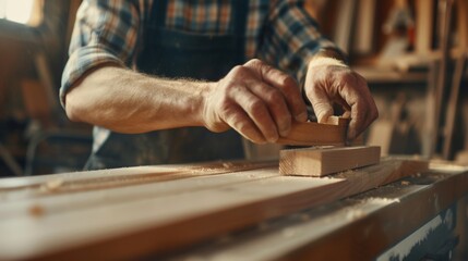  man owner a small furniture business is preparing wood for production. carpenter male is adjust wood to the desired size. architect, designer, Built-in, professional wood, craftsman, workshop.