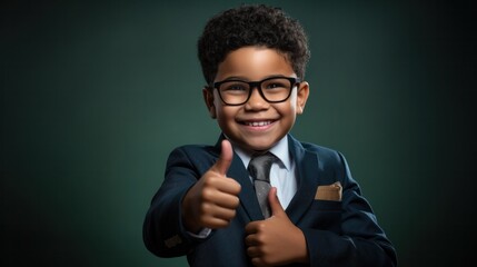Happy schoolboy in suit and glasses approves school education