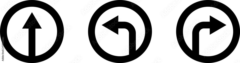 Poster set of one way only round floor marking sticker icon with direction arrow and text. vector image.