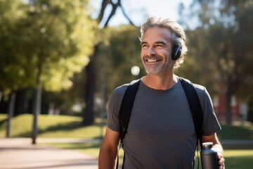 Senior man wearing headphones with water bottle in hand jogging outside in city park.