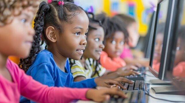 Diverse children learning computer skills in a collaborative classroom environment.