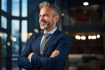 Fototapeta premium Mature middle-aged businessman wearing a suit standing in the arms of the office, looking away thinking about success, leadership, side view