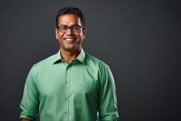 Obraz premium Happy smiling middle-aged businessman Confident professional businessman wearing colored shirt on gray background Advertising glasses lenses