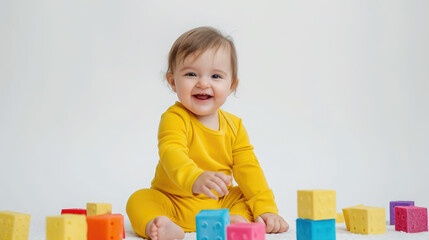 small happy baby in a yellow bodysuit playing with colorful blocks on the floor on a white background, toddler, newborn, nursery, portrait, child, kid, childhood, smile, play, toys, emotional, joy