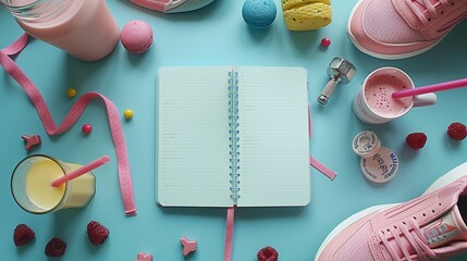 A Journal With Blank Pages Surrounded By Workout Wallpaper - obrazy, fototapety, plakaty