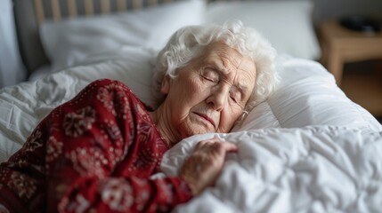 Senior woman sleeping comfortably in white bed at home with copy space for text placement - Powered by Adobe