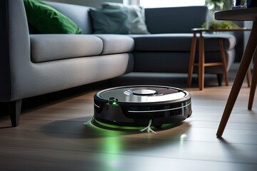 Modern robot electric black vacuum cleaner on the floor in the room. modern Hoover, close up. AI Generated
