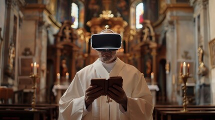 Fototapeta premium father of a church with virtual reality glasses giving 