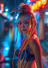 Portrait of an asian woman at night.