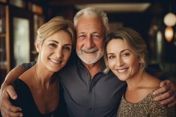Elderly man hugs his senior wife and adult daughter. Looking at camera, smiling. Happy woman...