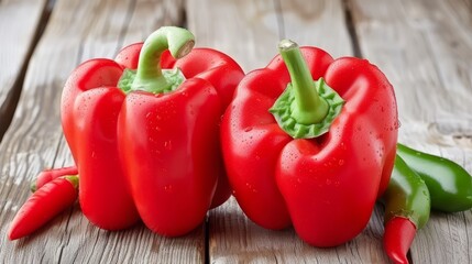 Fresh red bell peppers with water droplets background, vibrant vegetables backdrop