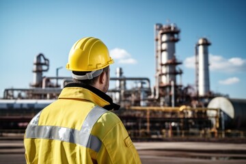 Refinery workers in protective clothing and yellow hard hats work in the petrochemical industry. Outdoors.