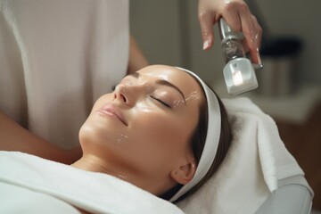 Obraz na płótnie Canvas Woman receives face-lifting treatment in beauty salon. Facial care, laser, wrinkles.