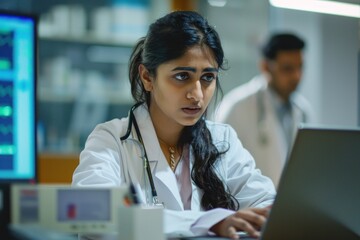 Young Indian doctor woman showing online service for practitioners, speaking at laptop. Multiethnic medical colleagues discussing healthcare application, looking at computer screen at workplace