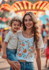 Fototapeta premium happy mother and child in an amusement park, family, children, parent, young woman, baby, kid, time together, weekend, holiday, walk, mother's day, childhood, toddler, city, street, carousel
