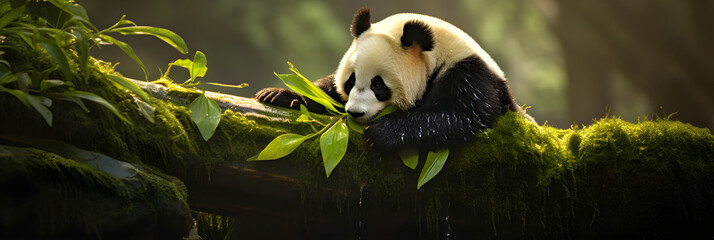 Adorable Giant Panda Enjoying a Bamboo Feast in its Natural Habitat: A tranquil moment in the Heart...