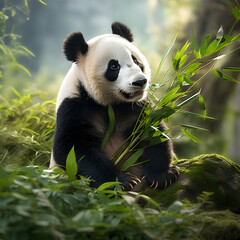 Adorable Giant Panda Enjoying a Bamboo Feast in its Natural Habitat: A tranquil moment in the Heart of the Bamboo Forest