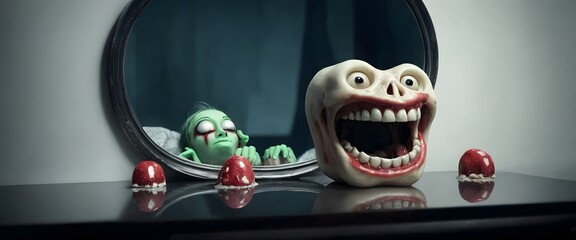 A toy with a large jaw is placed on a table, facing an automotive mirror. Its mouth is filled with liquid, showcasing a toothy smile with fangs reflecting in the mirror