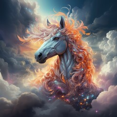A mythical creature resembling a horse with a long mane standing in the clouds