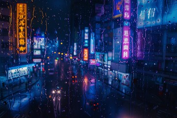 A city street is bustling with activity as neon lights illuminate the surroundings, creating a vibrant and energetic atmosphere.