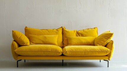 soft empty yellow sofa stands on white isolated background,
