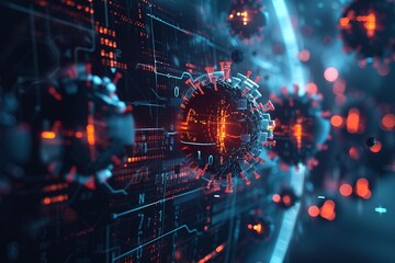 Obraz premium Virus with binary data, concept, program virus, cyber security, spyware, background, 3D rendering