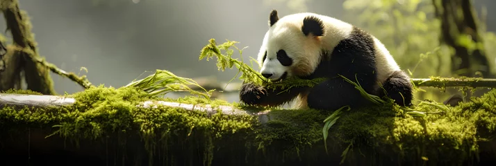 Poster Adorable Giant Panda Enjoying a Bamboo Feast in its Natural Habitat: A tranquil moment in the Heart of the Bamboo Forest © Dylan