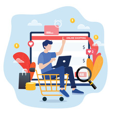 A stylized illustration shows a young man sitting comfortably with a laptop, engaged in an online shopping session. Surrounded by symbols of a digital cart, heart icons, magnifying glass, and currency