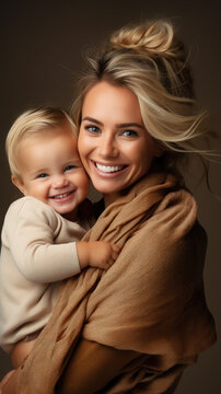 beautiful young blonde mother hugging a small smiling baby on a beige background, studio, portrait, children, woman, child, toddler, kid, place for text, parent, family, mother's day