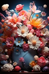 A vibrant bouquet of colorful flowers fills a vase on the table