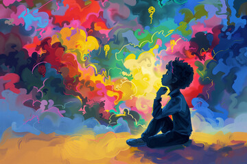 Thoughtful Child in a Colorful Fantasy World - obrazy, fototapety, plakaty