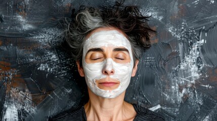 Senior woman with eyes closed in spa with white facial mask for beauty and wellness care concept.