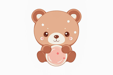 Cute brown bear cub with a pink ball in his hands on a white background