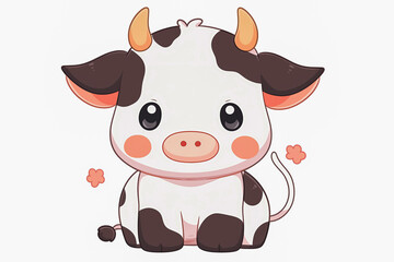 Fototapeta premium Cute little spotted cow with big kind eyes on a white background
