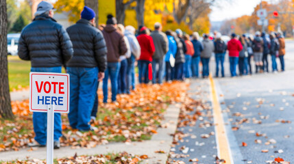 Vote Here sign with long line outside a busy polling station, USA Election Day, wide, copyspace - obrazy, fototapety, plakaty