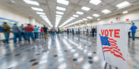 Vote sign at a busy polling station, USA Election Day, wide, copyspace, blurred background